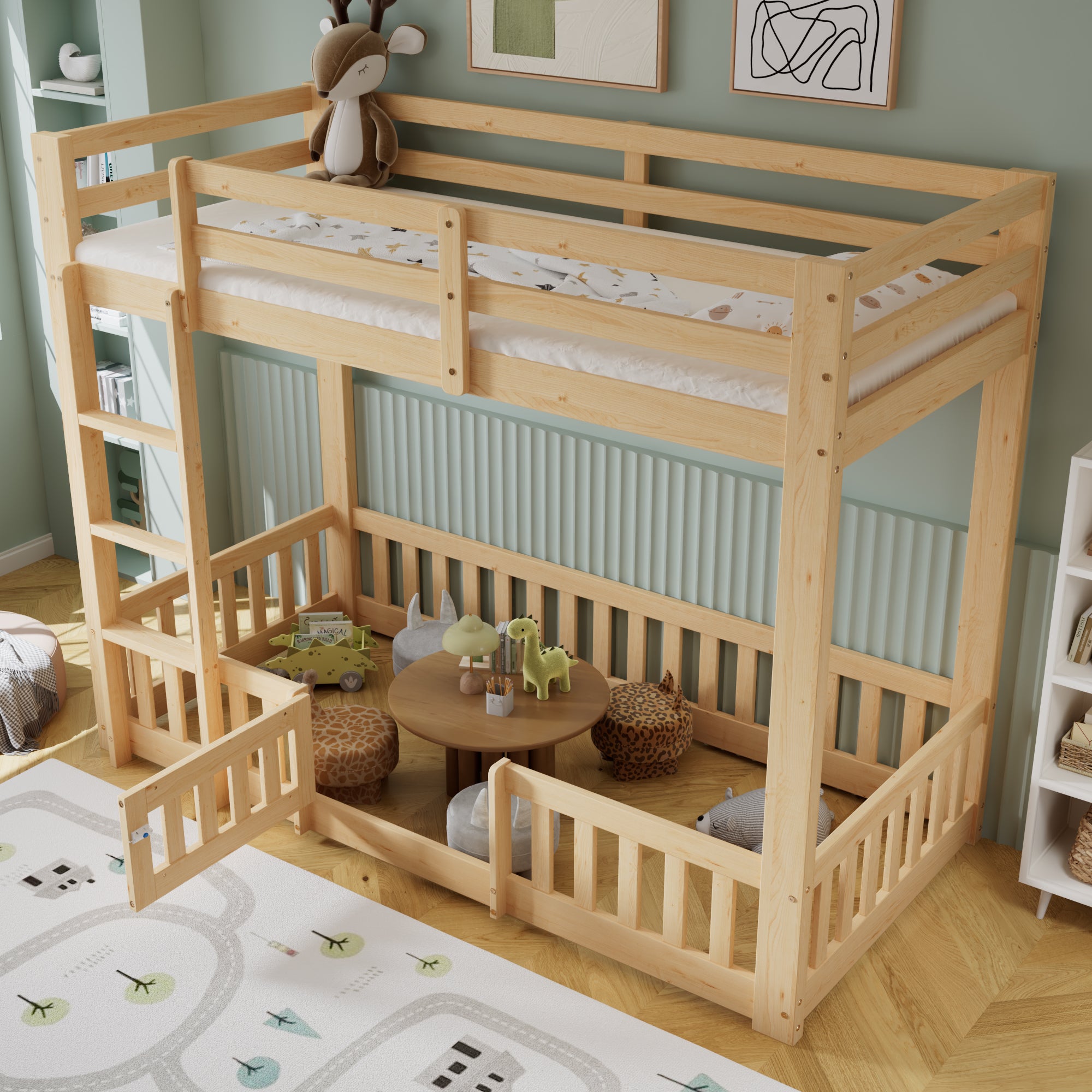 Łóżko piętrowe dwuosobowe - 2 x 90 x 200 cm - z barierkami i drzwiami - lite drewno - kolor naturalny