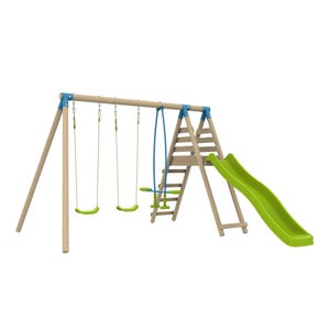 Portique De Jeu Thymélée Avec 2 Balançoires Et Toboggan - Bois Certifié FSC, Idéal Pour Petits Jardins