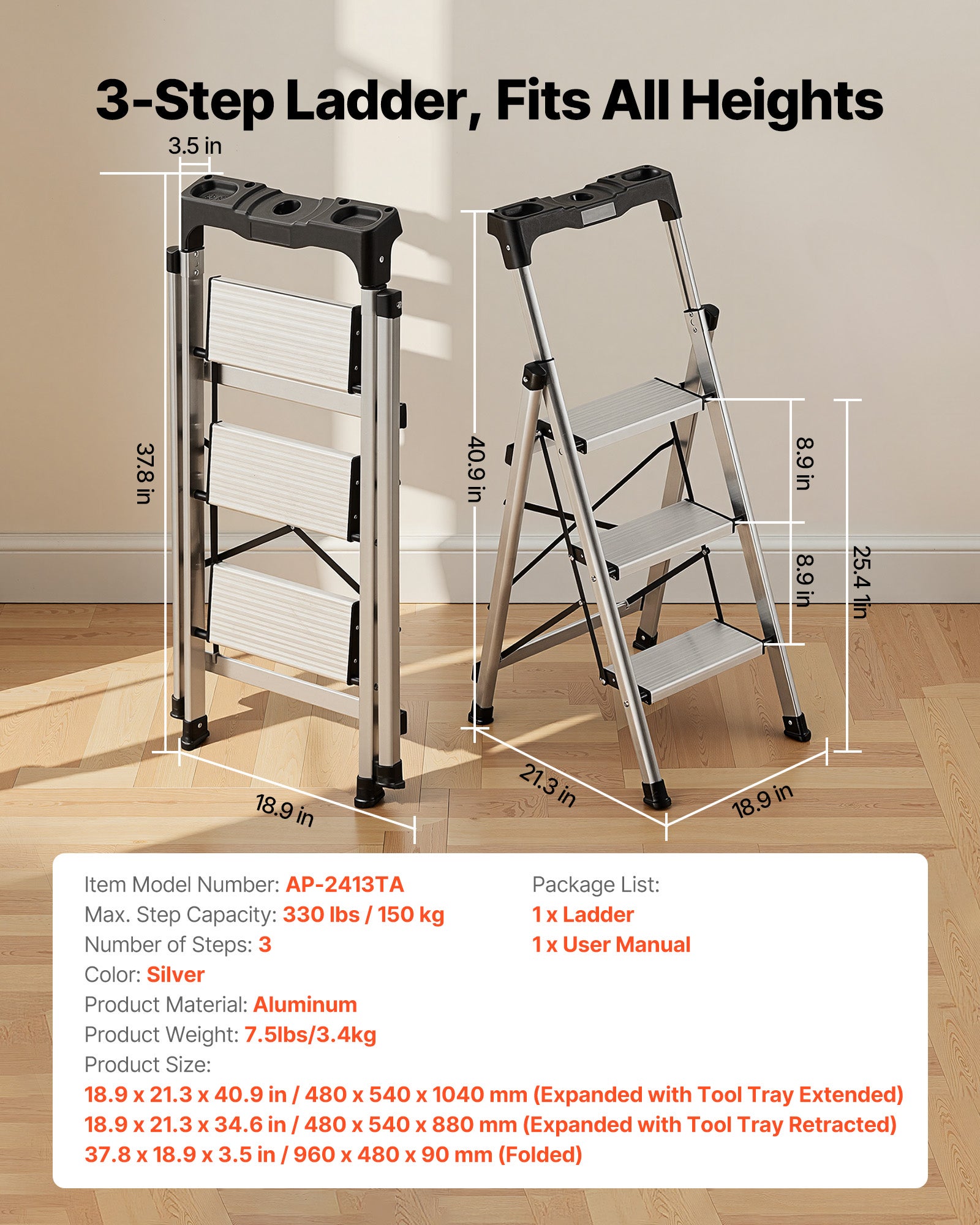 Escabeau Pliant VEVOR 3 Marches Marchepied Pliable Charge 150 kg Alliage d'Aluminium, Larges Marches Antidérapantes, Plateau à Outils, Argenté - 2