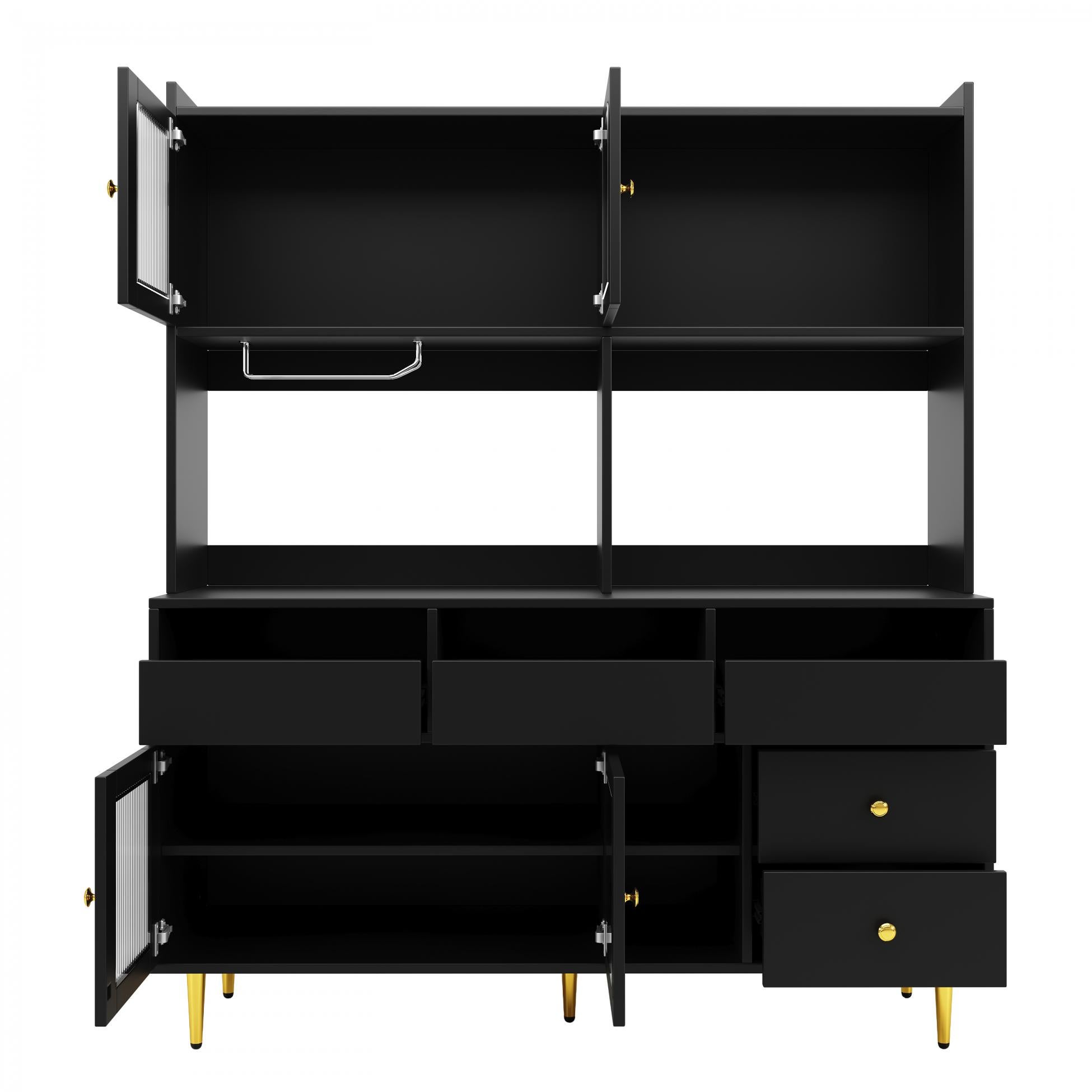 Buffet haut de salle à manger avec portes en verre dépoli, range-verres et espaces de rangement – Noir avec détails dorés – 145×39×171 cm - 9