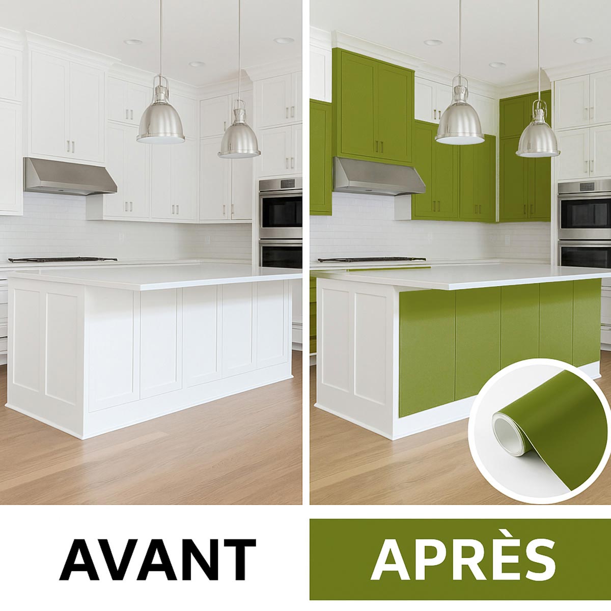 Rouleau adhésif Imperméable Vinyle au Mètre - Sticker Lavable Cuisine Meuble Armoire Porte - 60cmx1m - Vert olive - 3