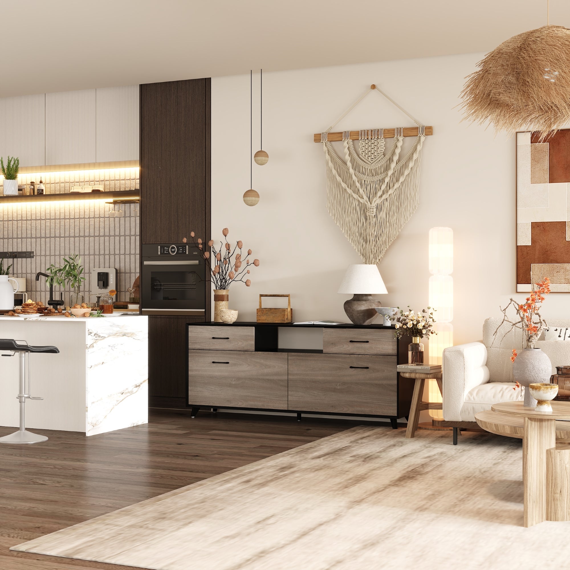 Meuble TV,Meuble bas avec 2 Portes rabattables et 2 Tiroirs, Support TV avec grain de bois pour Salon,160x68x40cm, Marron - 6