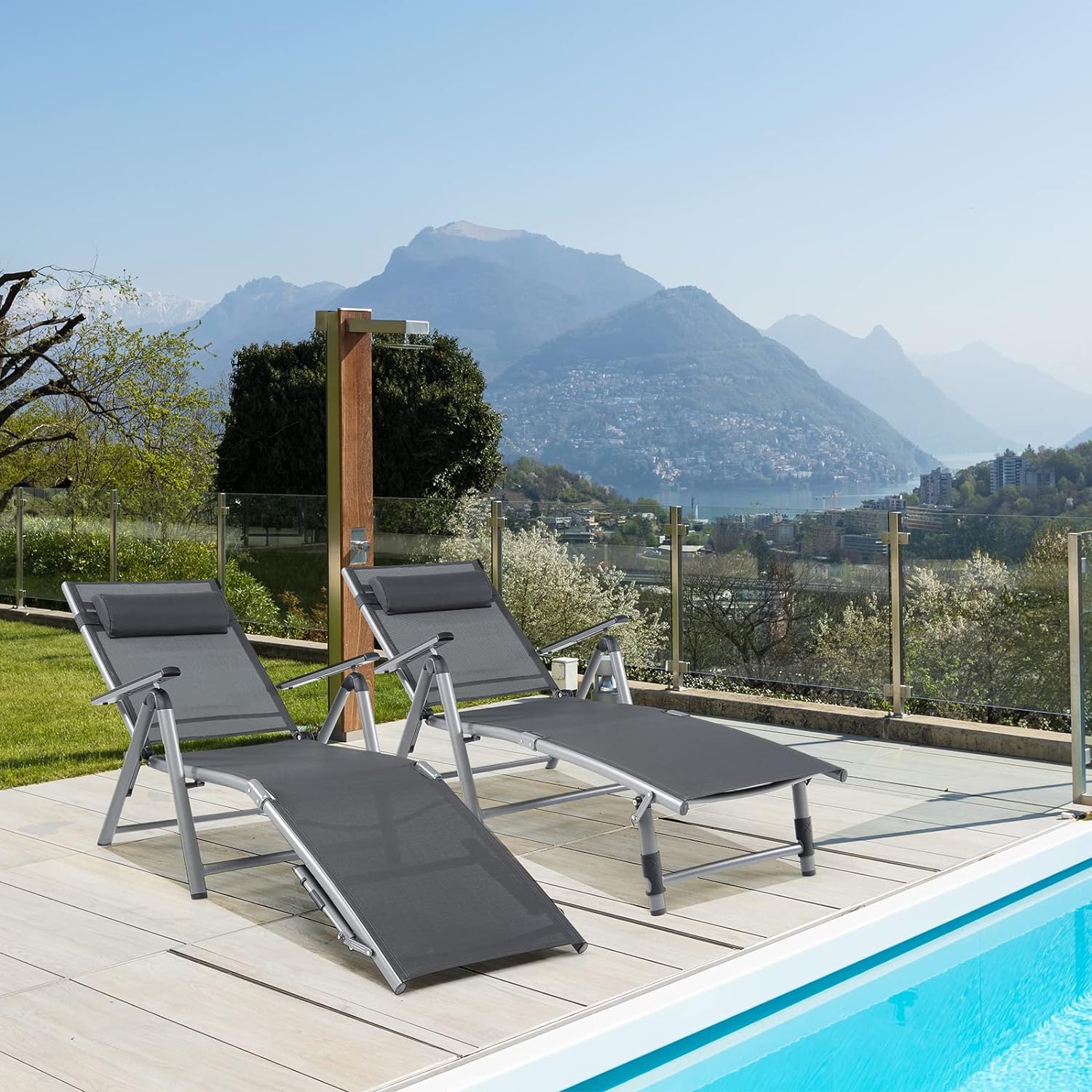 Chaise Longue Pliable en Aluminium avec Dossier Réglable en 8 Positions, Transat Inclinable Extérieur avec Pieds Antidérapants à 2 Positions - 2