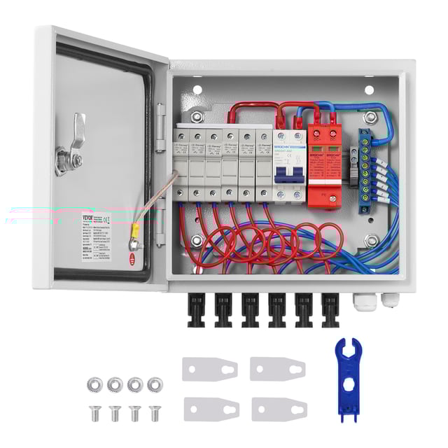 VEVOR Scatola combinatrice fotovoltaica 6 stringhe con fusibile corrente nominale 15 A, Protezione da sovratensione con interruttore 125 A, Acciaio pe