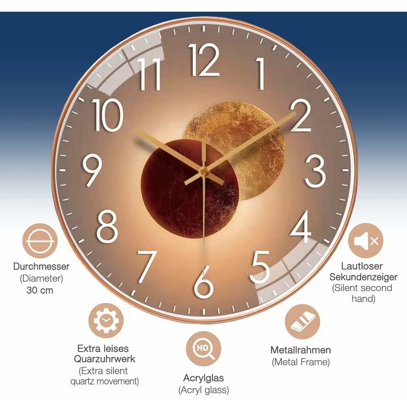 30cm Horloge Murale Design Moderne Silencieuse, Horloge Murale Mute Silencieuse Pendule Murale, Horloge Murale Digitale - Or Rose - 3