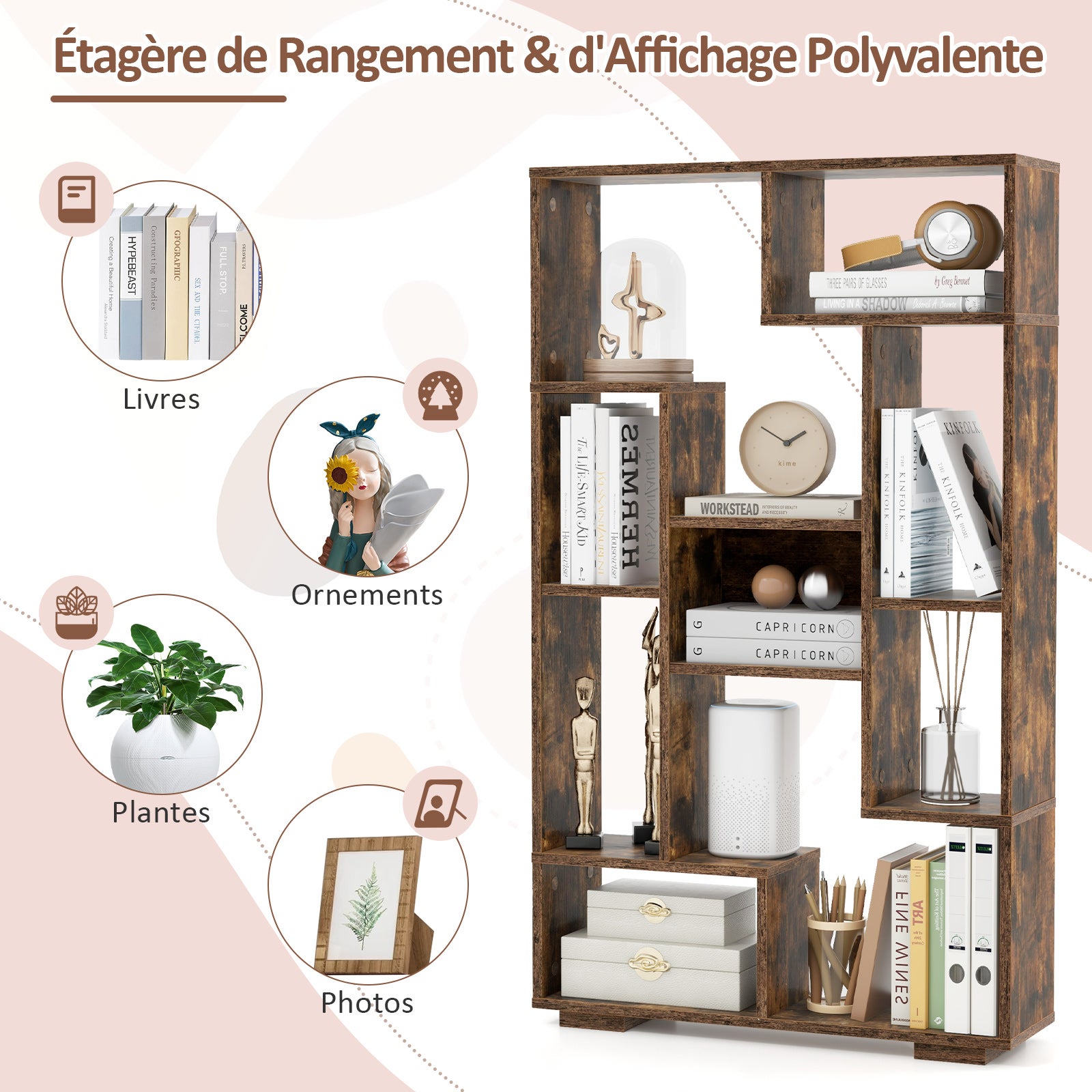 Bibliothèque Géométrique de 120 cm, Etagères Ouvertes, Etagère de Rangement Autoportante avec Kits anti-basculement, pour Bureau, Salon, Marron - 2