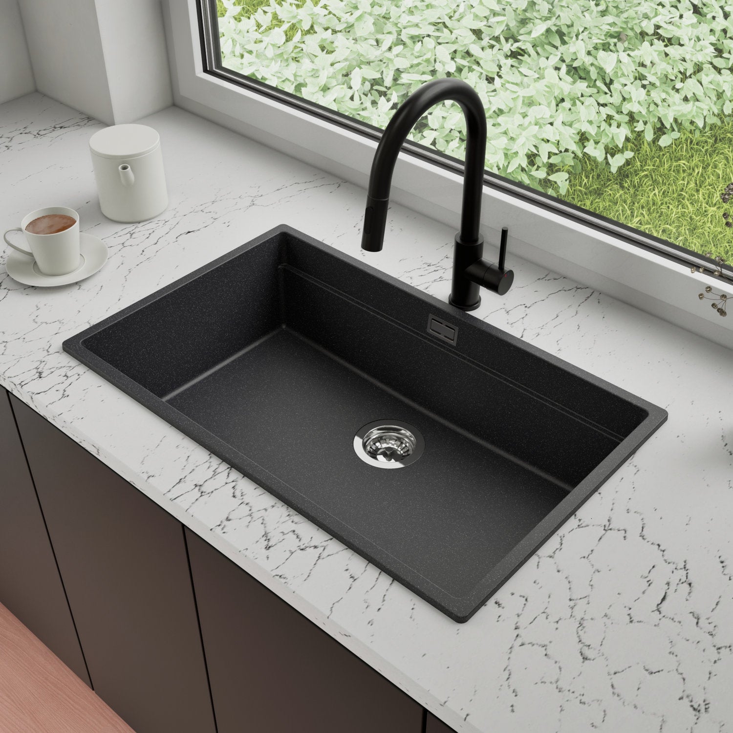 Zlewozmywak Granitowy 76x47cm, do szafki od 80cm + Bateria + Syfon - Coral Grafitowy STONESTYLE