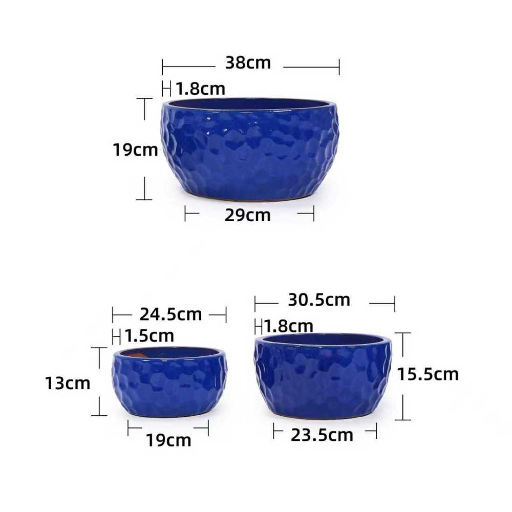 Set 3 pots céramique Ø38,1/30,5/25,4 cm bleu cobalt martelé, succulentes/violettes, intérieur/extérieur, argile respirante - 3