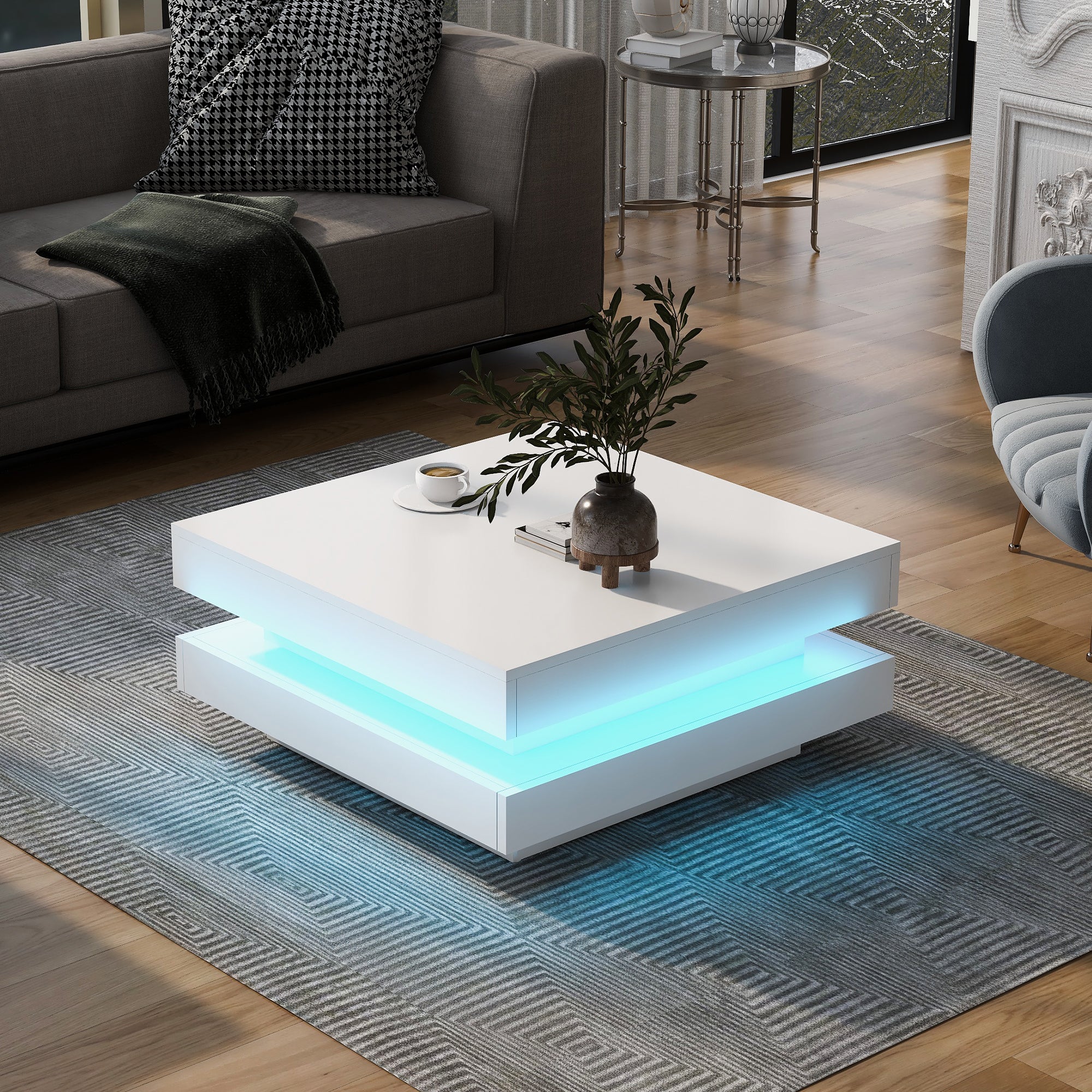 Stolik kawowy kwadratowy z obrotowym blatem - 70 x 70 x 36 cm - Diody LED - Płyta wiórowa - Biały - 8