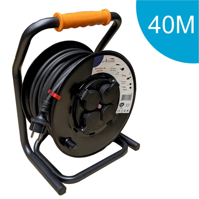 Enrouleur PRO de chantier 3G2.5 40m IP44 platine fixe (anti twist) - câble H07RN-F- 4 prises 16A - garantie 2 ans