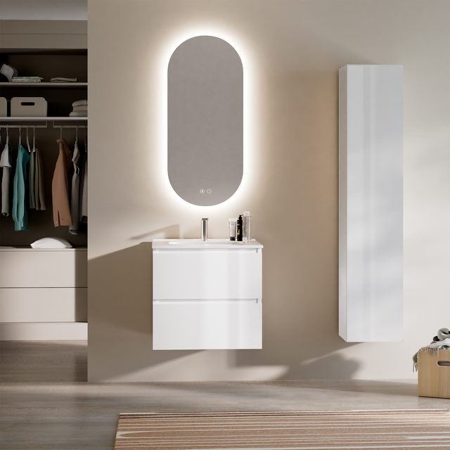 Feel Your Bath, Mobile Bagno PANTER Bianco 60 cm, 2 Cassetti, Lavabo Ceramica Integrato E Specchio Ovale LED Antiappannamento