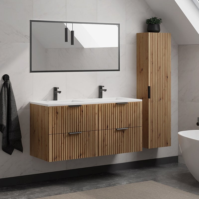 Szafka łazienkowa wisząca ryflowana z umywalką wpuszczaną w blat i słupkiem - Naturalny jasny - 120 cm - ZEVARA