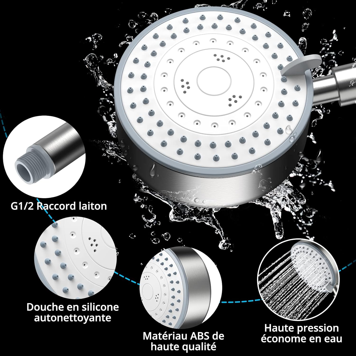 Pommeau de douche, pommeau de douche à économie d'eau sans tuyau Pommeau de douche à économie d'eau à haute pression en acier inoxydable 304 facile à - 4