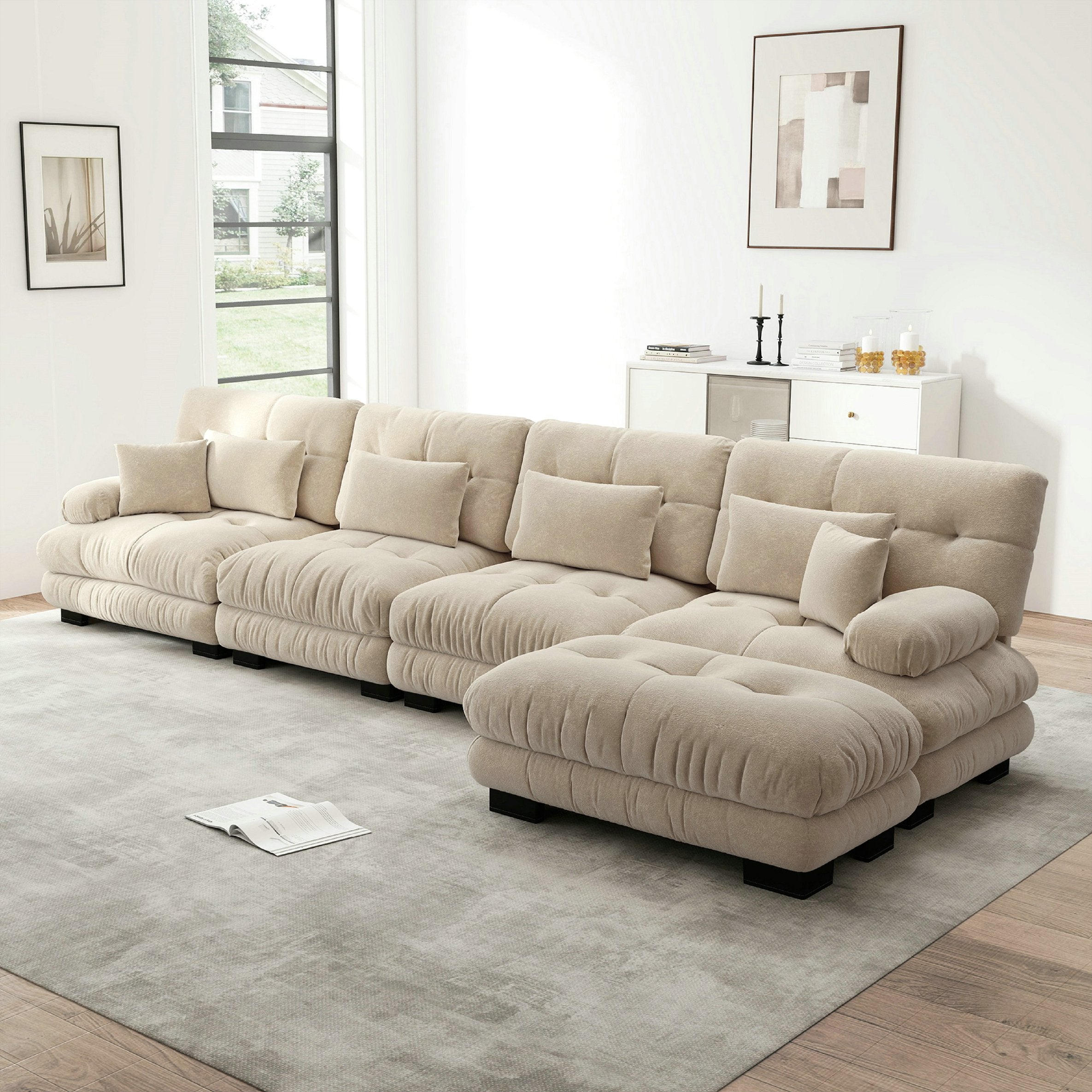 Canapé d\'angle modulable, ensemble en forme de L 4 places confortable effet nuage - avec pouf amovible - chenille marron clair - 4