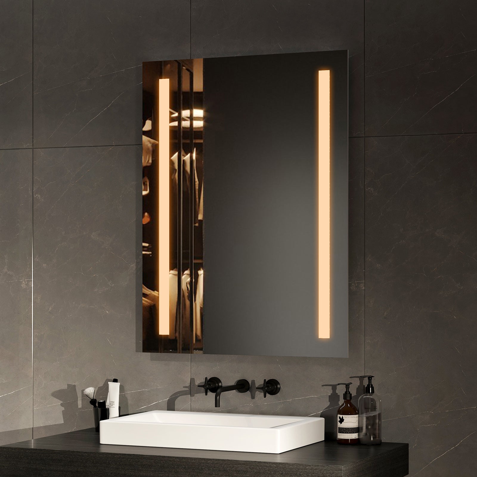 EMKE Miroir Salle de Bain avec Eclairage 60 x 45 cm,Miroir LED Salle de Bain ,Anti-buée,Interrupteur à Bouton, Miroir Lumineux Salle de Bain,Lumière Blanche Froide/Chaude,Miroir Salle de Bain