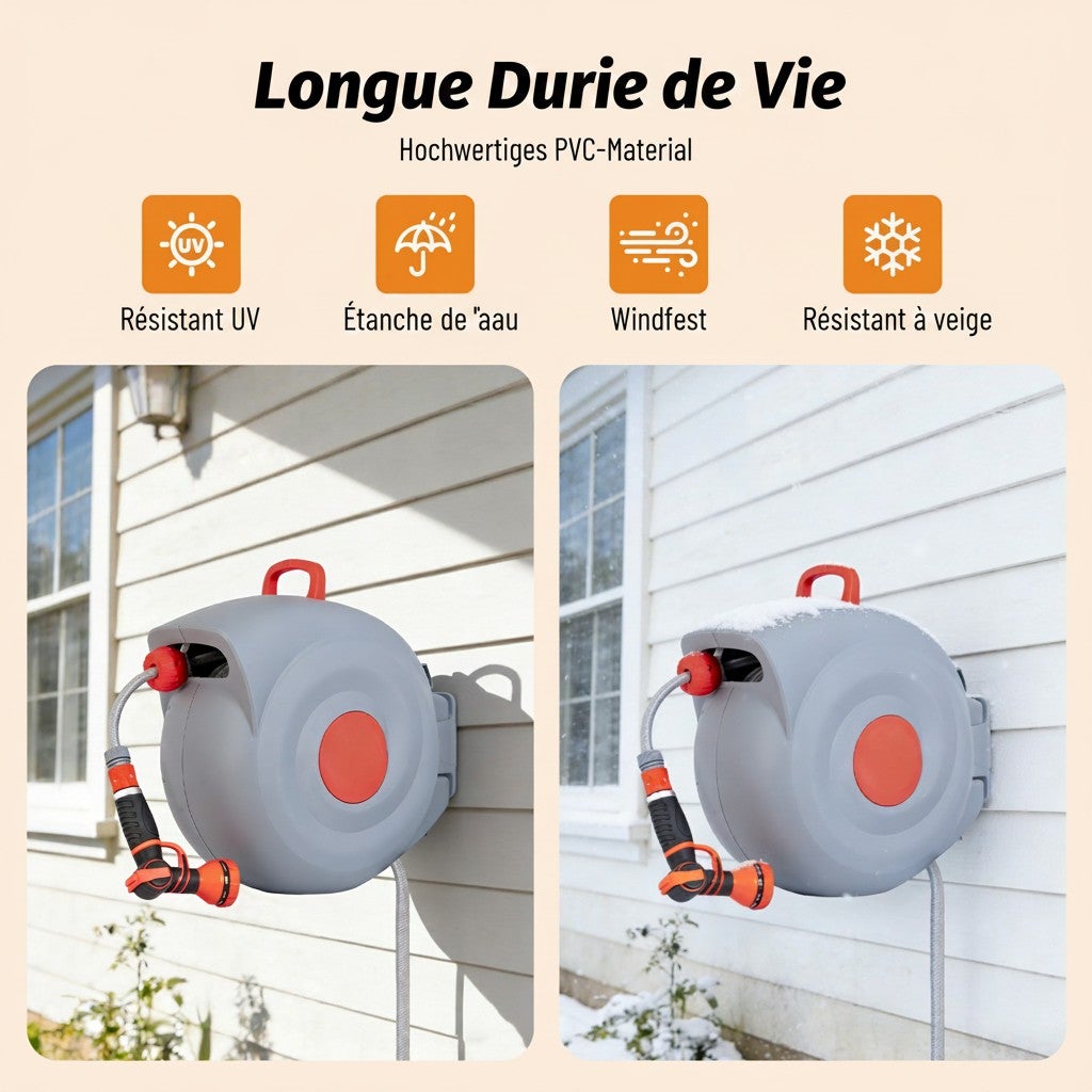 Enrouleur de Tuyau d'Arrosage 30m, Couverture 1413m², Pistolet 9 Jets, Support Mural Pivotant 180°, Résistant aux UV et à la Rouille - 6