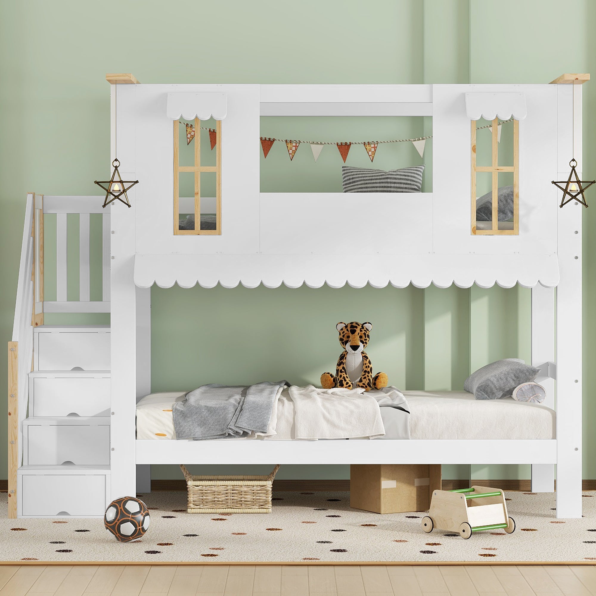 Łóżka piętrowe 2 x 90 x 200 cm z 4 drzwiami i 2 oknami - Sosna + MDF + sklejka - Białe i naturalne (Materace nie są wliczone w cenę) - 4