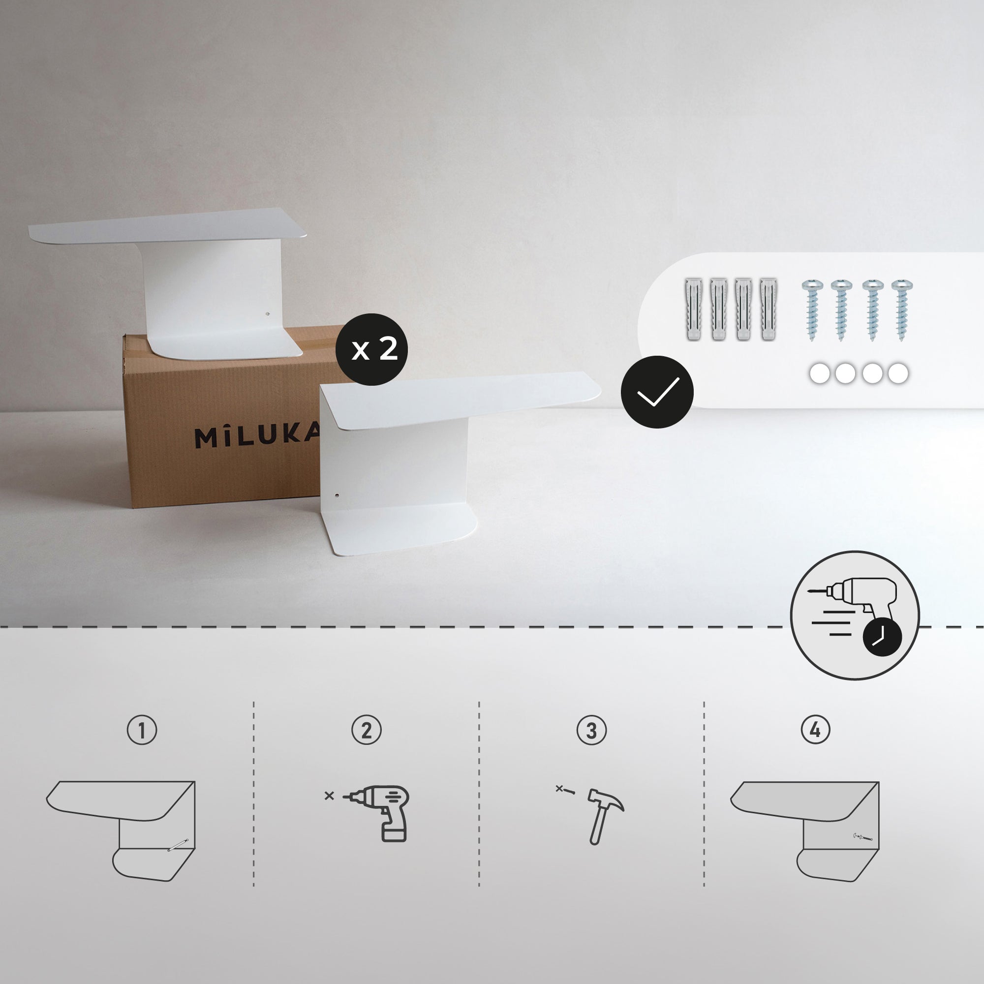 Lot de 2 - Tables de chevet suspendue, L.40 x P.20 cm, Ep.20 cm - Design à deux niveaux en métal blanc - MILUKA - 6