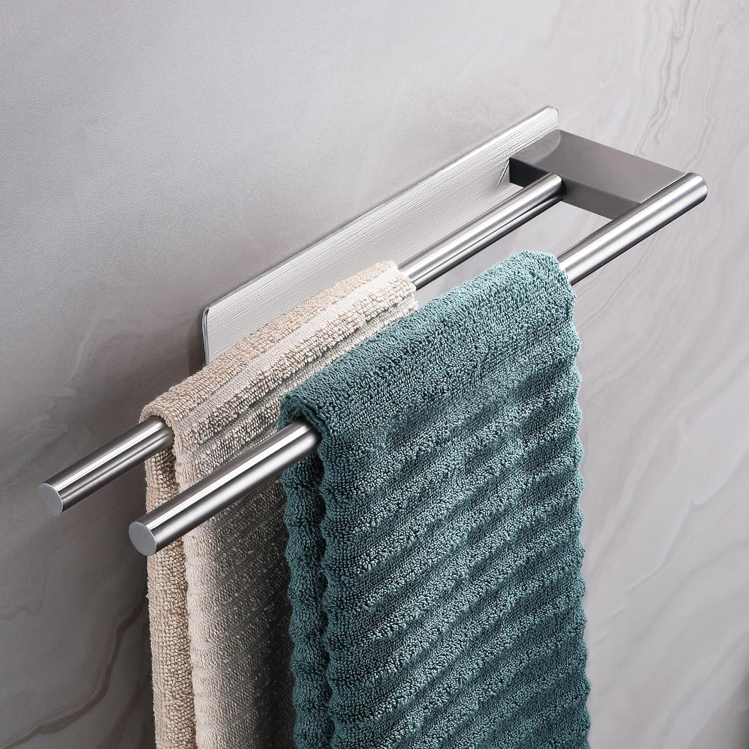 (Argent)Porte-Serviettes de Salle de Bain sans Perçage en Acier Inoxydable 304 Double Porte Serviette Adhésif à Deux Bras Support Mural - 3