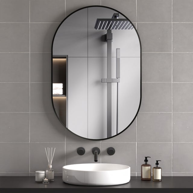 Espejo de Baño HOMCOM Vidrio Templado, Aleación de Aluminio Negro 60x90x3 cm 834-687V82BK