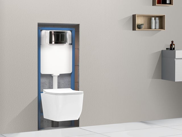 Bâti-support pour WC suspendu SWY-Tecno, autoportant, réservoir encastré et plaque inox double touche, acier inox