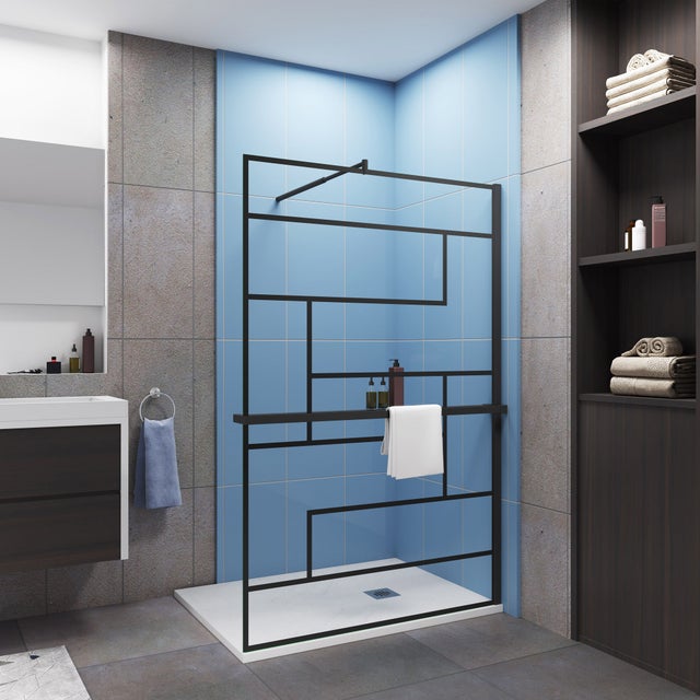 Paroi de douche italienne noire 100x200cm, avec une étagère 100cm + une barre de fixation 70-120cm, verre 8mm trempé style moderne
