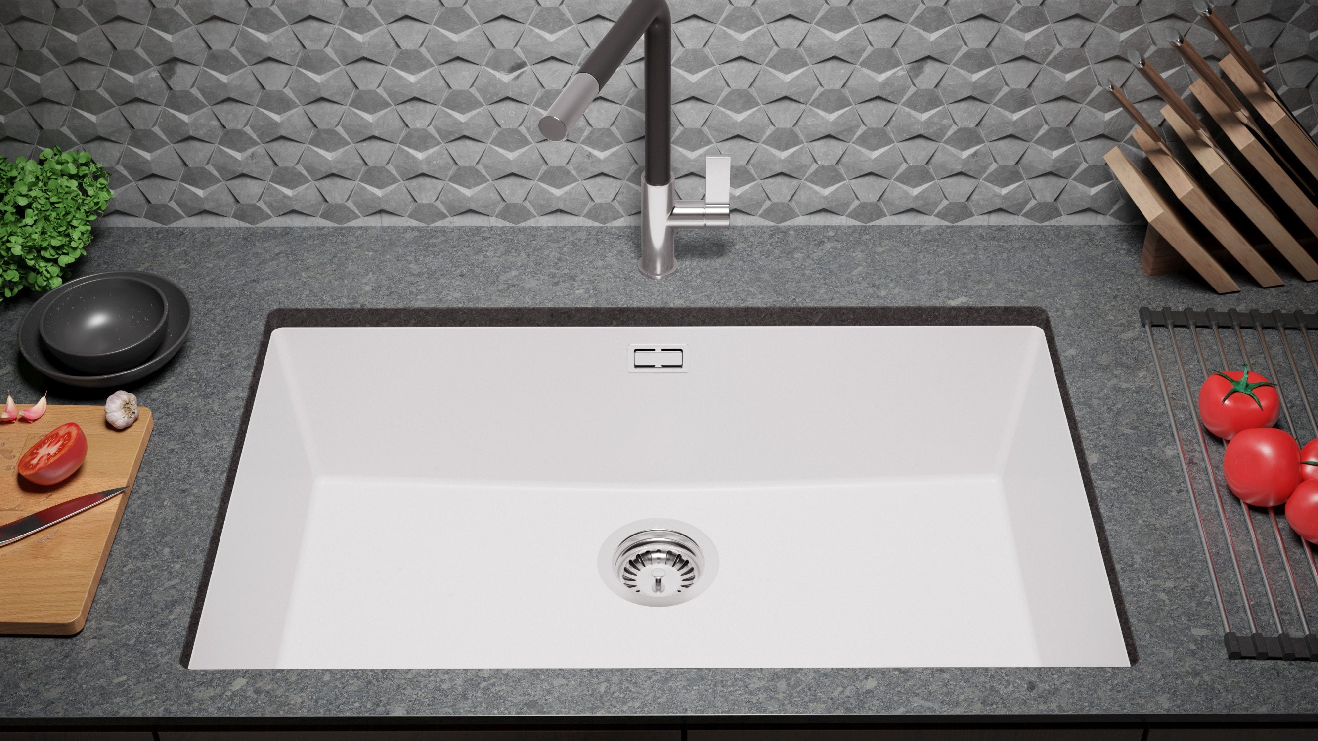 Lavandino sottotop Bianco 76x47cm, Lavello in Granito a 1 vasca + Sifone Classico + Accessori, Lavabo da Cucina al mobile 80cm - London PRIMAGRAN - 3