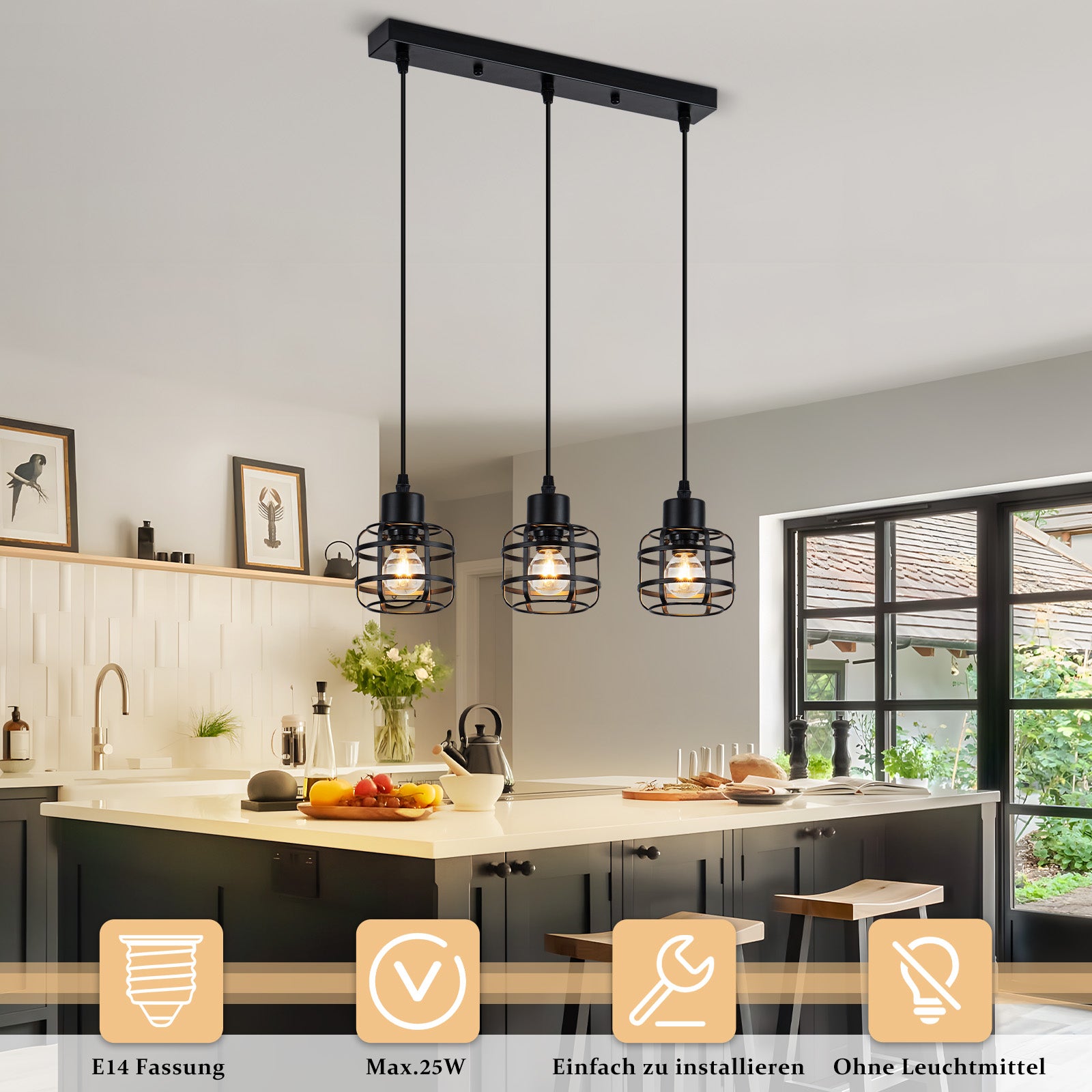 ZMH Lampa wisząca z metalu w stylu vintage, 3 żarówki, gniazdo E14, kolor czarny, regulowana wysokość, żarówka nie jest dołączona - 5