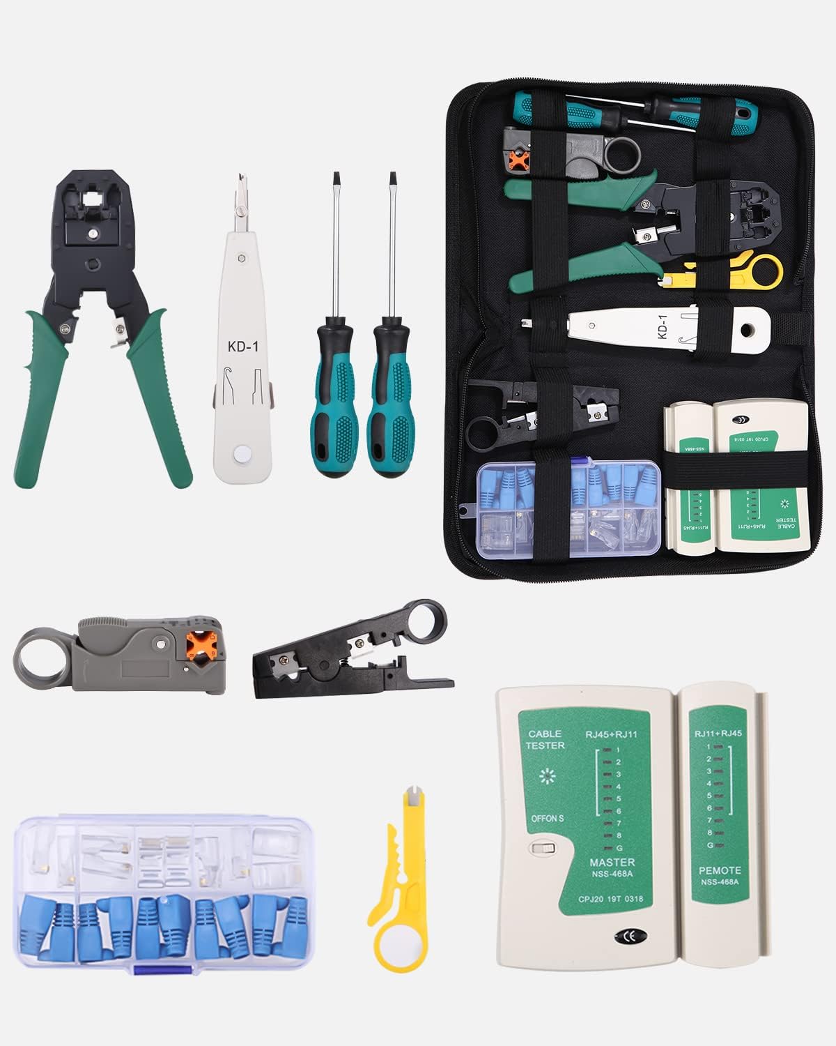 Kit 12 in 1 con tester per cavi LAN e crimpatrice RJ11/45, per la manutenzione professionale o domestica della rete. - 7