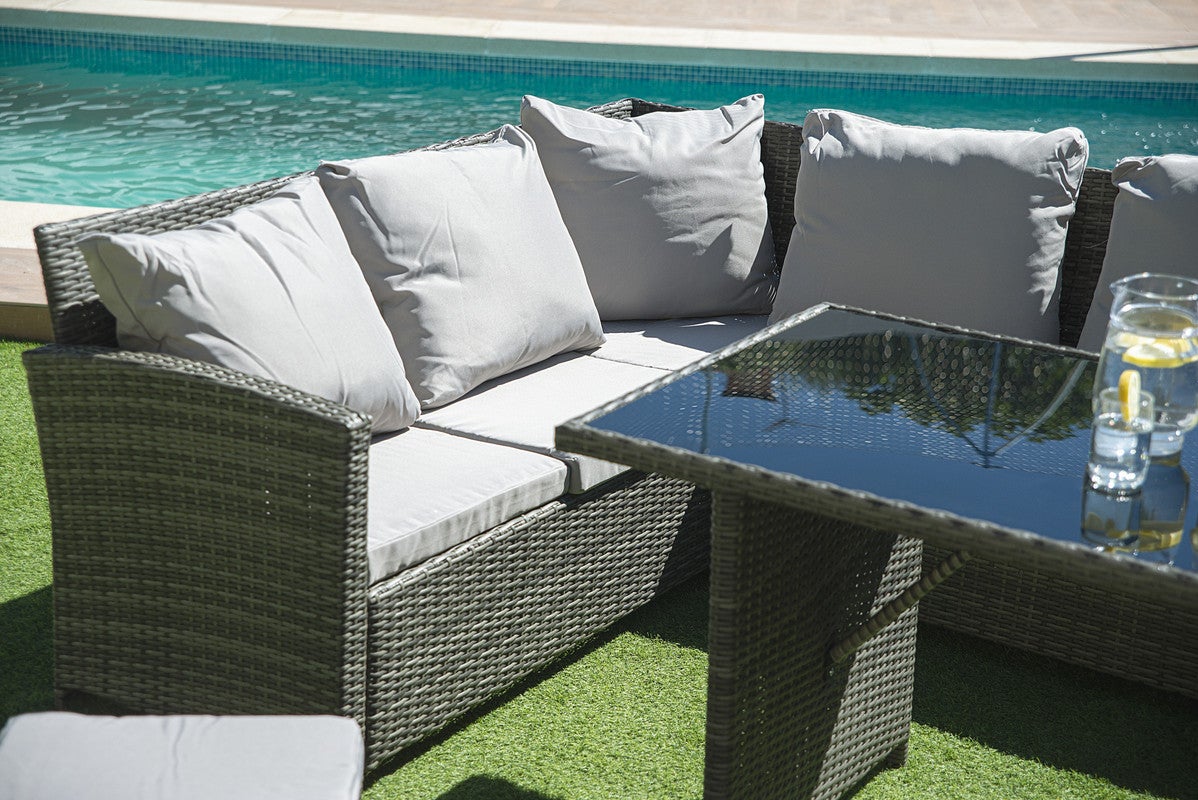 Sofa Rinconera + Mesa + 2 puffs de Ratan PE. Muebles de Jardin y Terraza, Gris - 4
