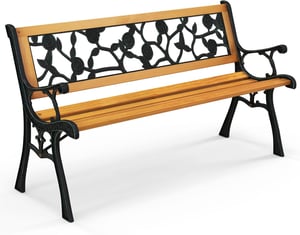 Banc de Jardin d'Extérieur pour 3 Personnes, Banc de Patio en Métal Moulé, Banc de Parc avec Siège en Bois de Pin, pour Jardin, Parc (Vintage)