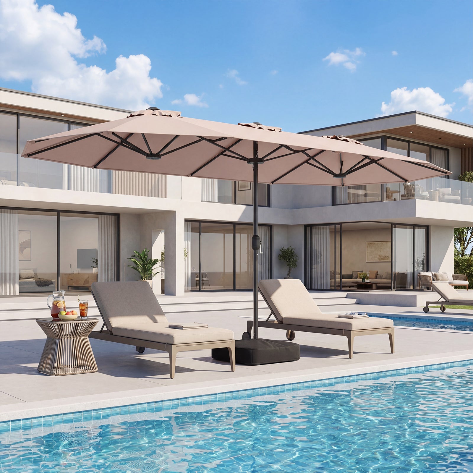 Parasol Double de Jardin 396 x 201 CM, Parasol Extra Large avec Manivelle et Socle Robuste, Parasol Jumeau pour Cour, Patio, Terrasse, Brun - 2
