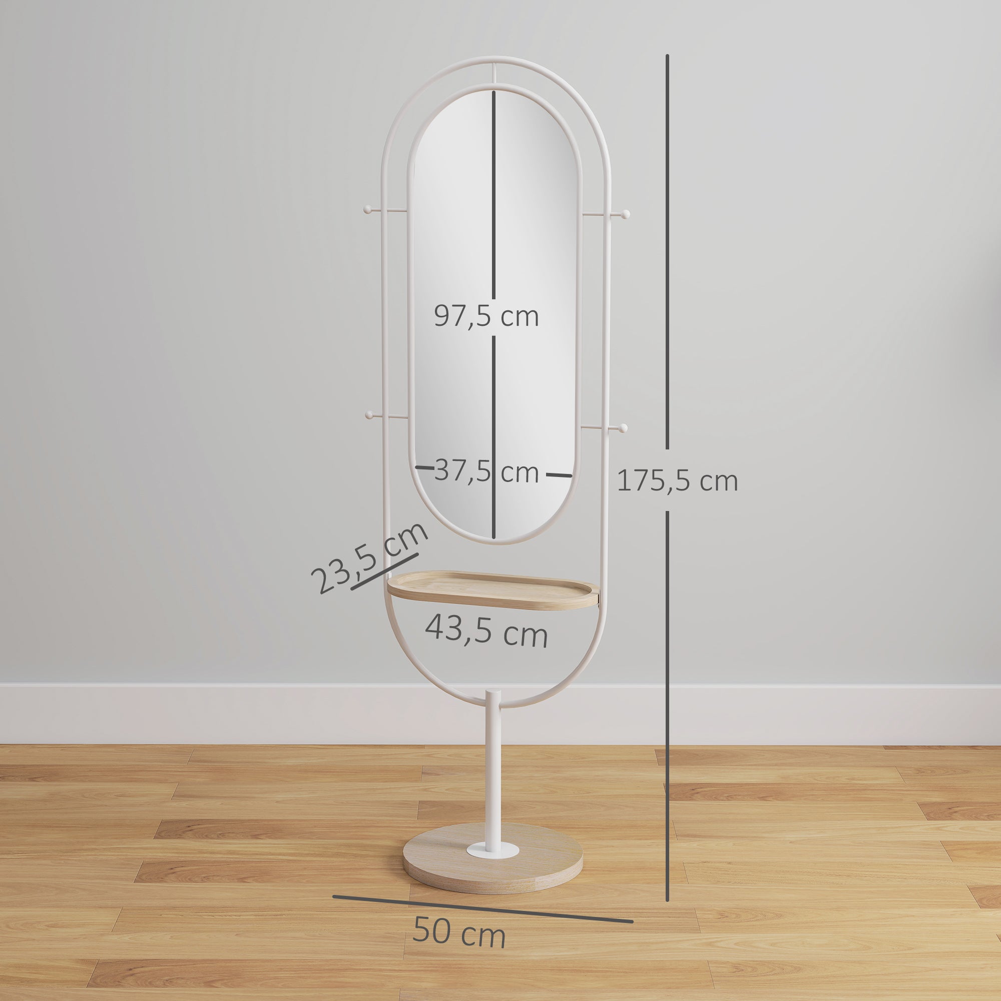Miroir plein pied 175,5 x 50 cm avec tablette et 4 crochets, blanc ...