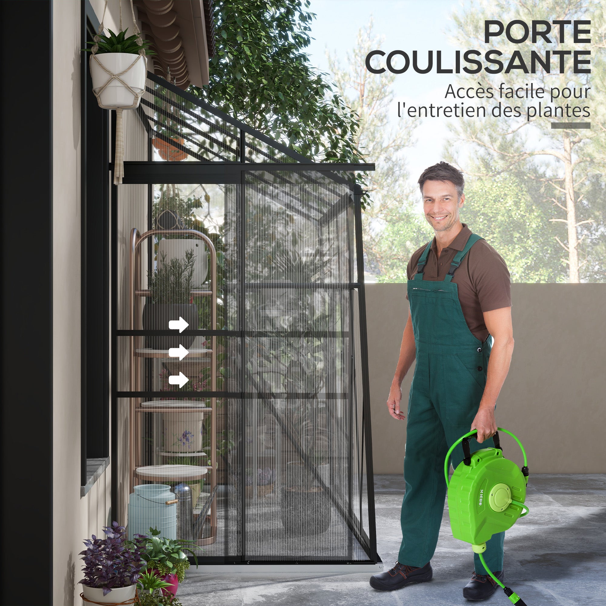 Serre adossée, serre de jardin polycarbonate, avec porte coulissante, évent de toit, fondation, 127 x 253 x 240 cm noir - 8