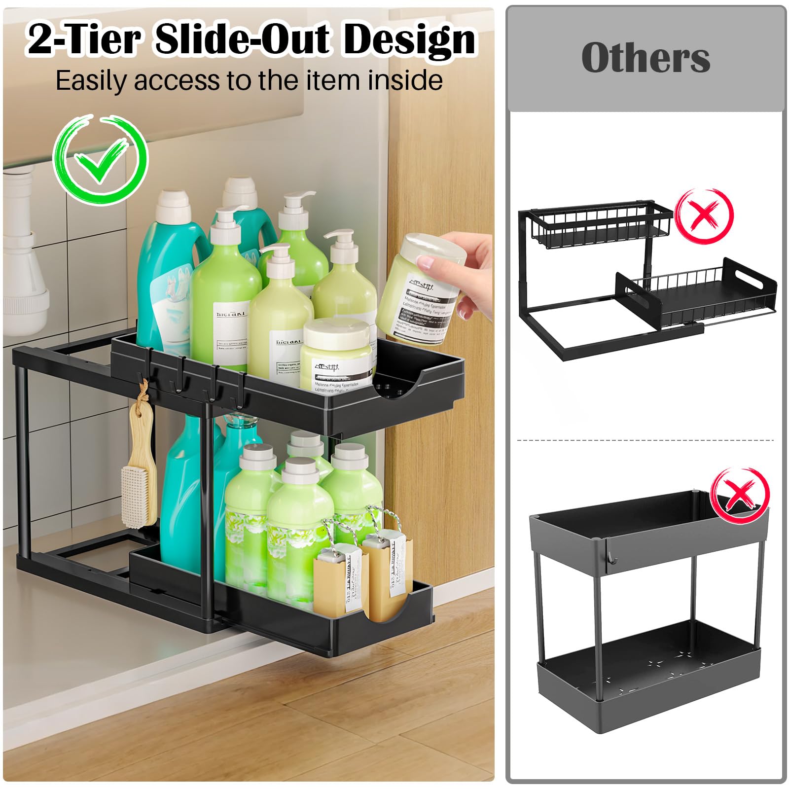 Organizadores y almacenaje bajo el fregadero para la cocina, organizador bajo el fregadero de 2 niveles, cesto de baño con 4 ganchos - 3