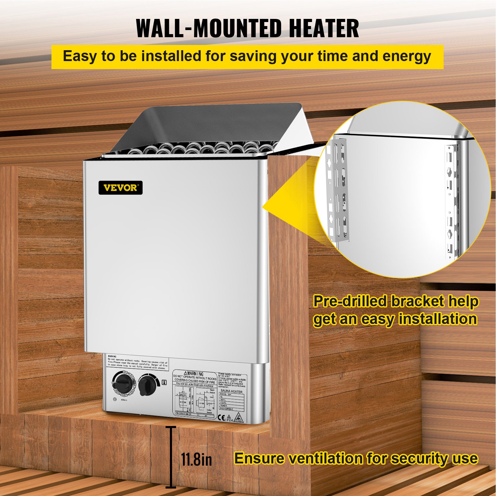 Poêle de Sauna Électrique 9 kW VEVOR, Triphasé 380-415 V, Contrôle Intégré, 9-13 m³, 30-110 ℃, Pierres Non Incluses - 5