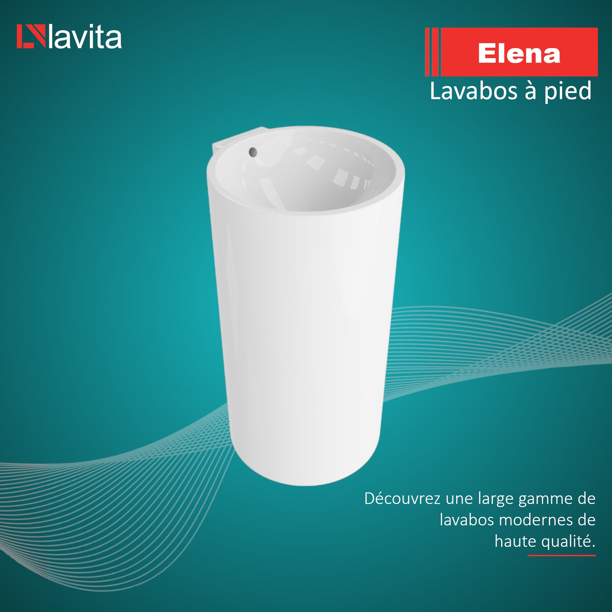 Lavabo indépendant LAVITA | Vasque autoportante élégante | Produit en porcelaine de haute qualité | ronde |44,5x46,5x81,5 cm | Blanc brillant - 2