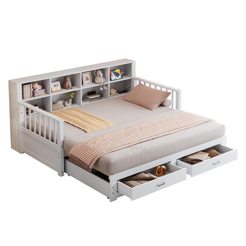 Canapé-lit gigogne en bois massif 90/180x190 cm - avec prise de charge - avec rangement - avec 2 tiroirs - sommier à lattes - blanc - 2