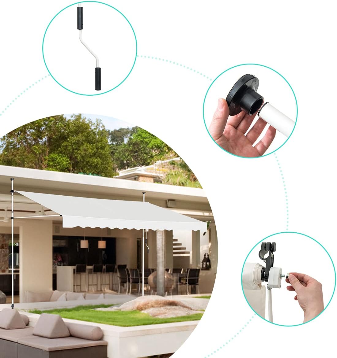 Store Banne Manuel Rétractable, Auvent Balcon Terrasse Rétractable sans Percage, Hauteur Réglable 2-3M, 3,5x1,75M, Beige - 4