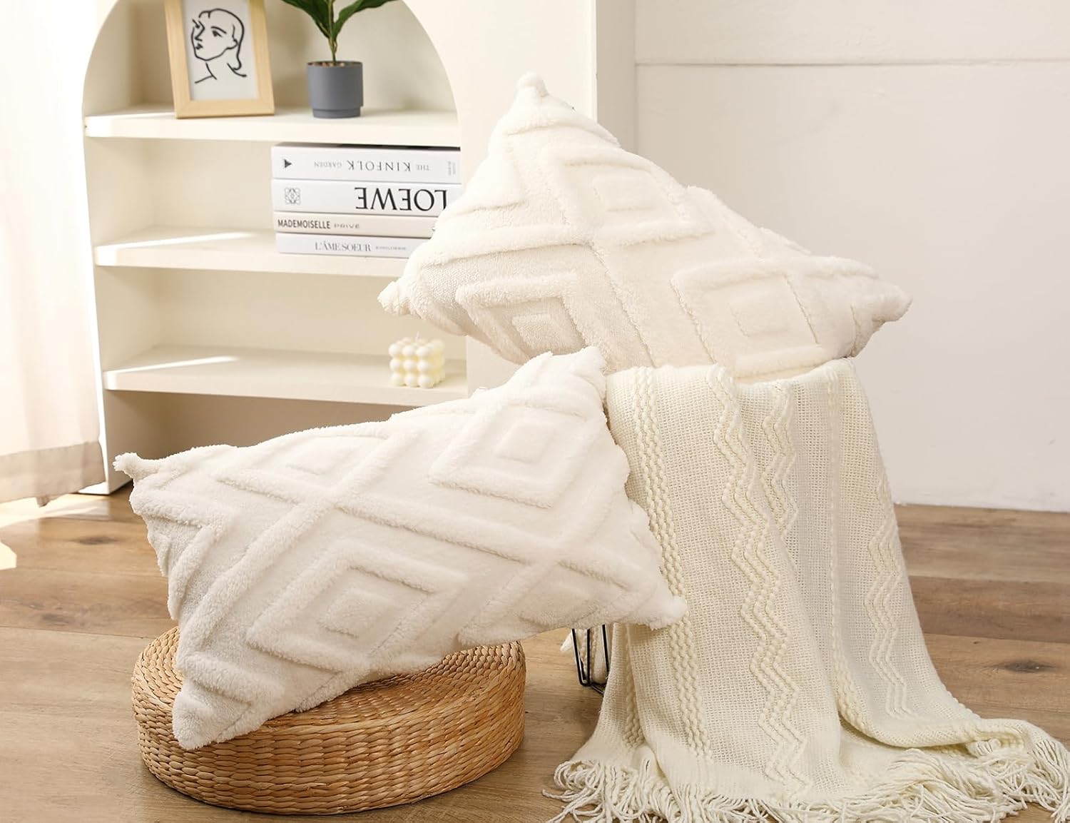 Housse de coussin beige - motif à carreaux doux, style bohème - convient pour le salon, la chambre, etc. - Lot de 2, 30×50 cm - 2