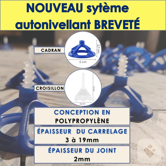 Kit Croisillon Carrelage Autonivelant 2mm 3mm x100 + Cadran Réutilisable x100 Outil de Nivellement Cale Carrelage Sol Mur Épaisseur 3-19mm Joint 2mm - 2