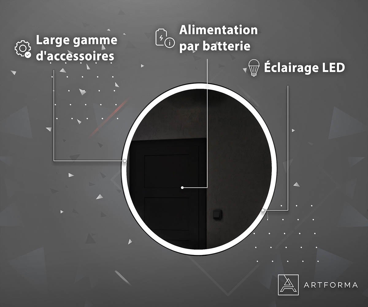 Miroir Rond de Salle de Bain LED - 50x50cm - Sans Fil (Éclairage à Batterie) - Blanc Froid 7000K - 4