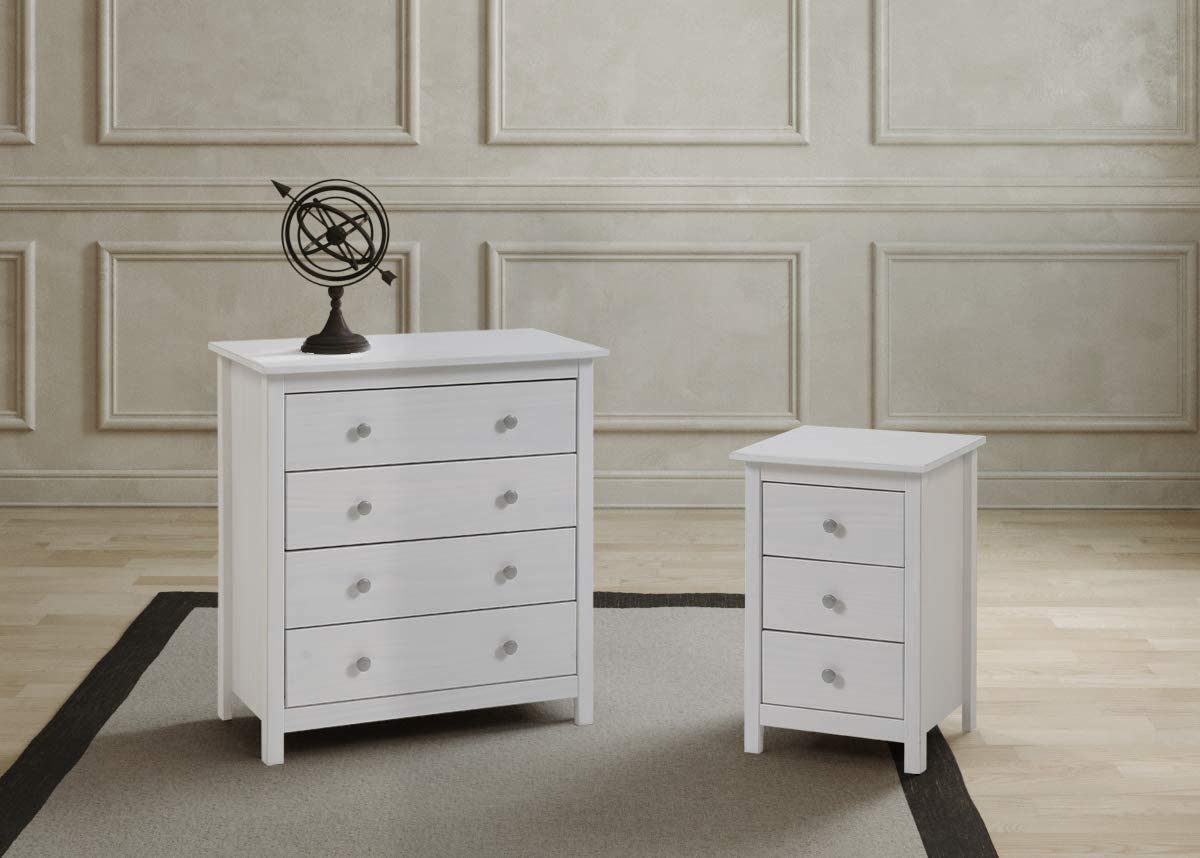 commode 4 tiroirs, pin massif , couleur blanc translucide, mesure 78,5x75x35 cm (hauteur-largeur-profondeur) - 5