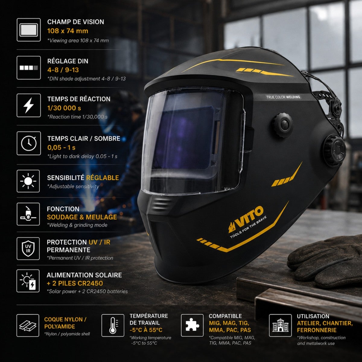 Masque de soudure Electronique True Color Din 4-13 Cagoule de soudage MIG MAG TIG MMA Auto-obscurcissement VITO - 2