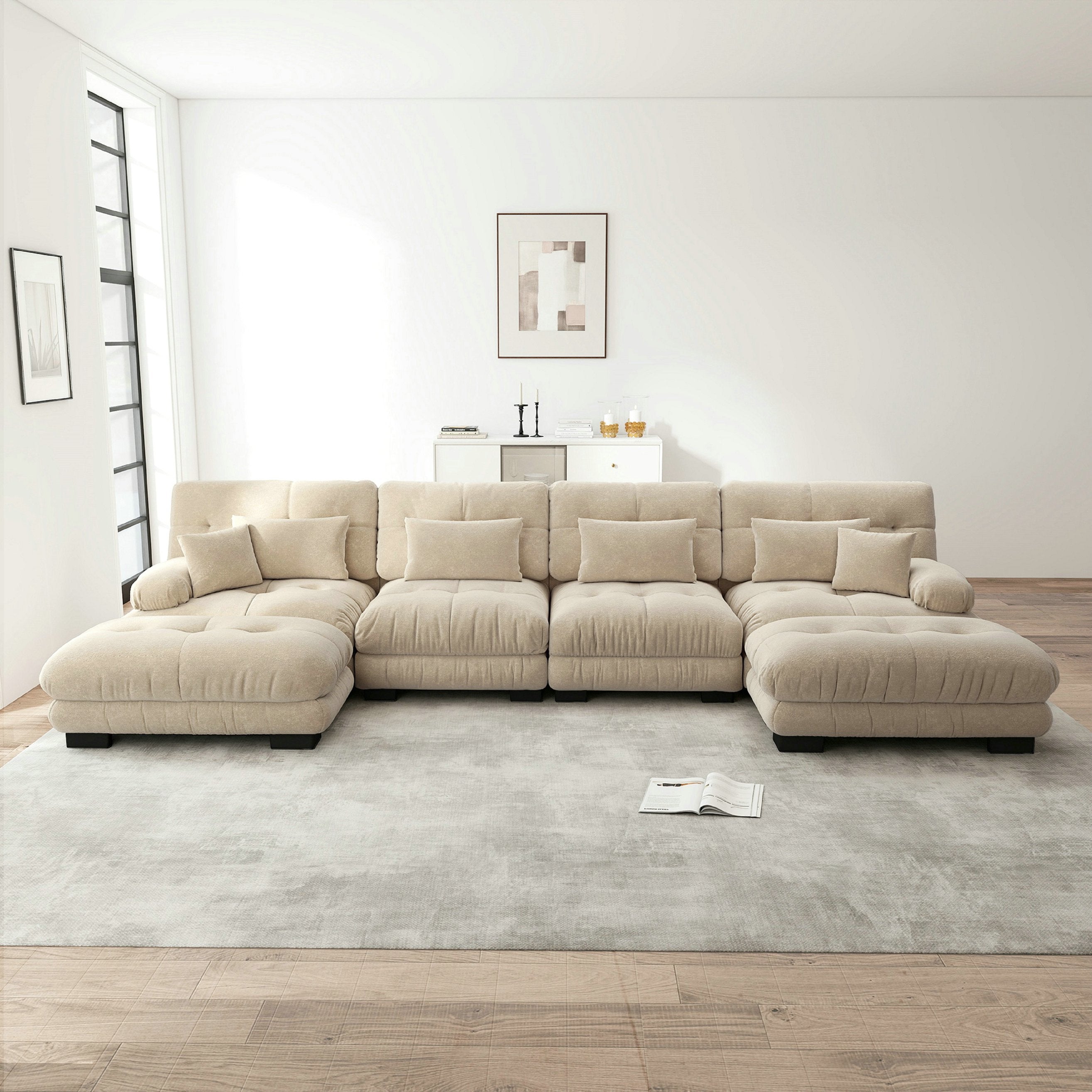 Canapé d\'angle modulable, ensemble en forme de U 4 places confortable effet nuage - avec pouf amovible - chenille marron clair - 3