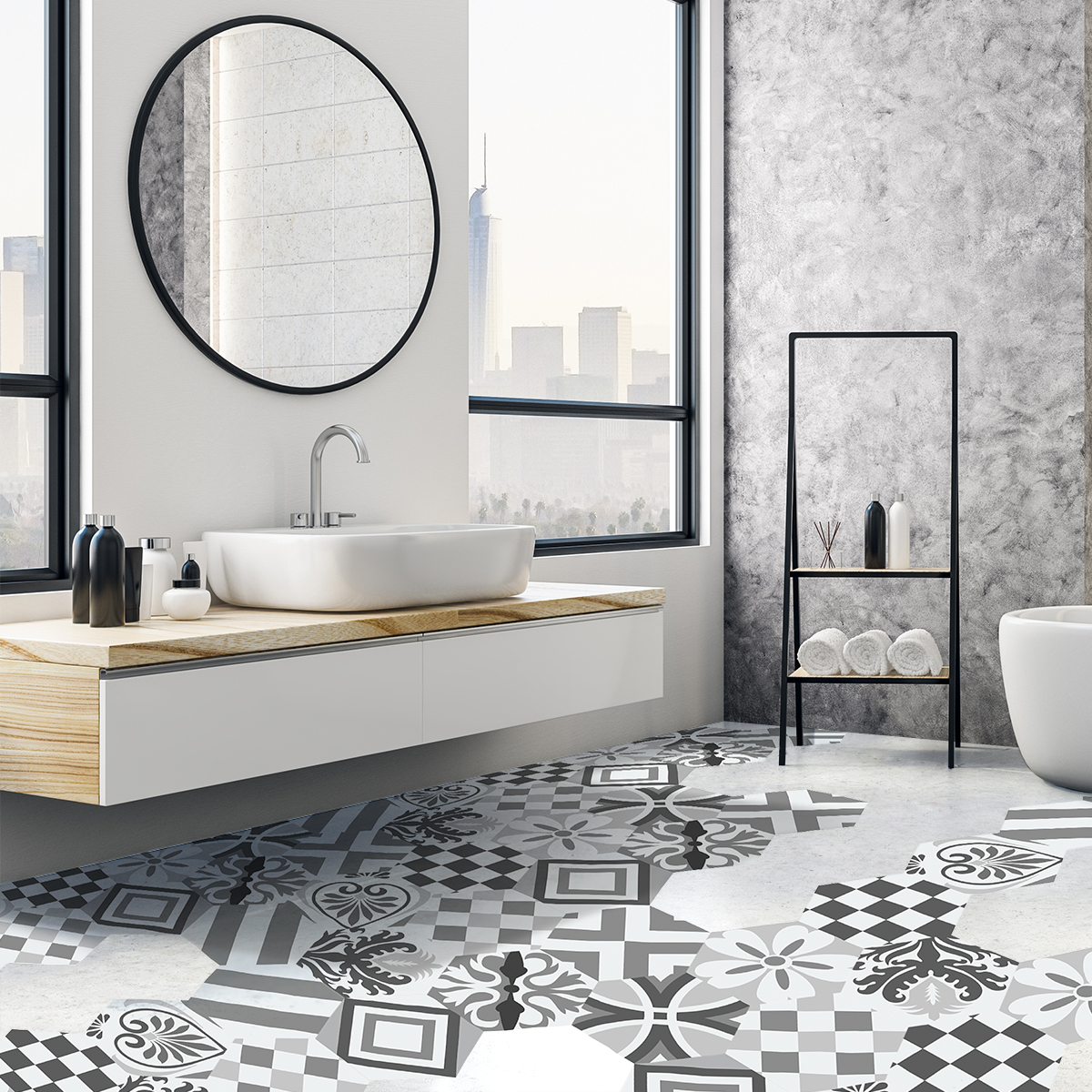 Vinilo baldosas suelo armandina antideslizante - adhesivo pared - sticker revestimiento - 60x135cm-10stickershexagones30x26cm