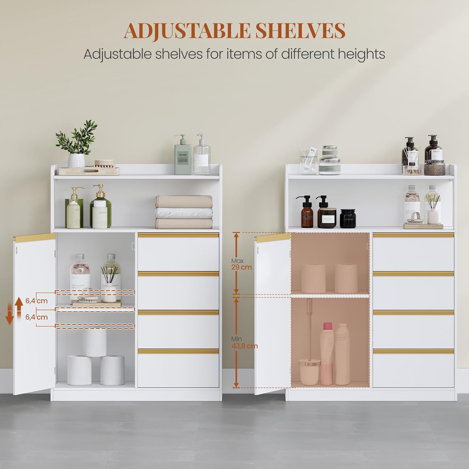 Meuble Salle de Bain, Meuble Salle de Bain Rangement, Placard de Rangement avec 4 Tiroirs, Armoire Haut Salles de Bains, Étagères Réglables, Blanc - 4