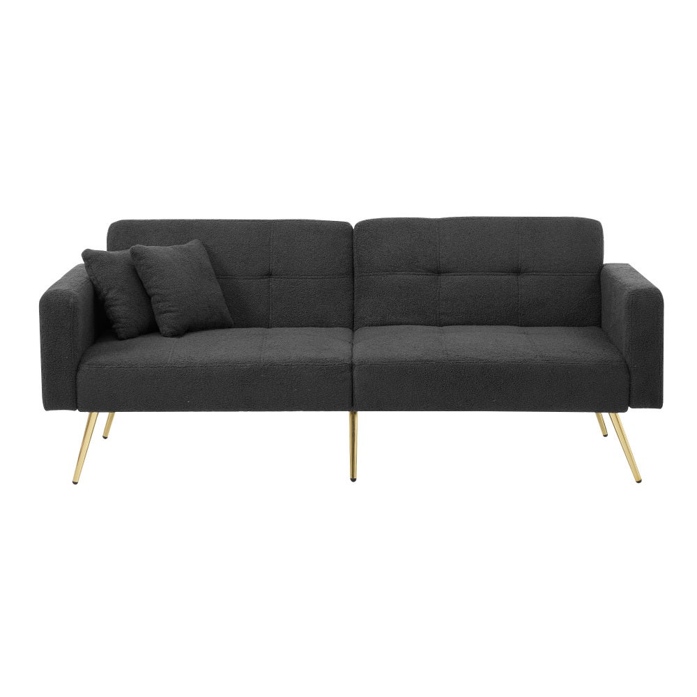 Sofa rozkładana, regulowany kąt, złote nogi, z poduszkami i kieszeniami bocznymi