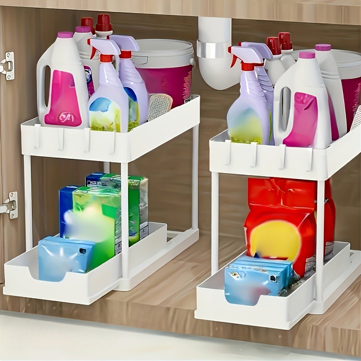 Lot de 2 organiseurs sous évier, organiseur à 2 niveaux sous évier de cuisine et salle de bain, organiseur sous armoire avec tiroir coulissant - 2
