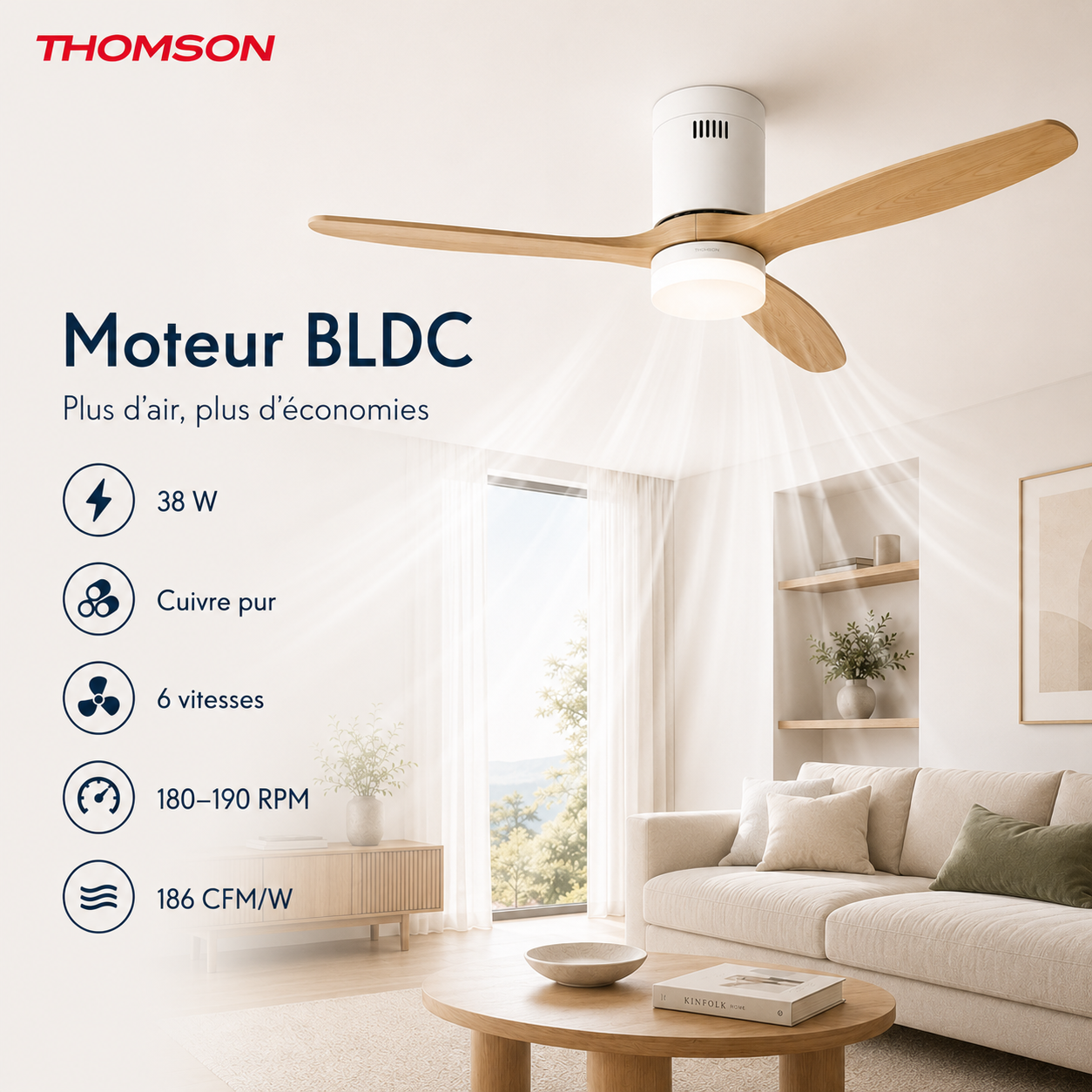Ventilateur de plafond avec lumière THOMSON NOUR avec pales en ABS, diamètre de 132 cm et télécommande incluse - 8